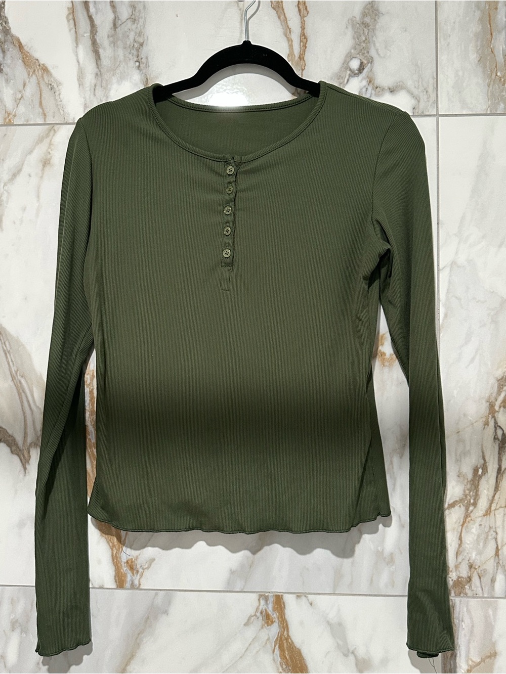Women’s Olive Ribbed Henley Long Sleeve Top
